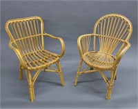 Pair Bent Wood Rattan Bamboo Arm Chairs
