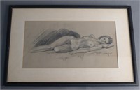 Signed Recumbent Nude Drawing
