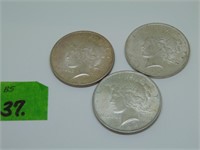 3 Silver Peace Dollars 1922, 1923, 1924