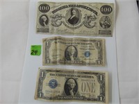 2-$1.00  Silver Certificates & Repro $100 Note