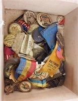 Box lot of early local pins and ribbons to