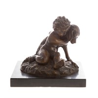 Contemporary bronze of dog and boy