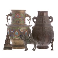 Oriental style metal vases and figures