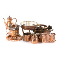 Large group of copper and brass cookware