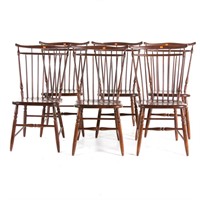 Six pine spindle-back side chairs