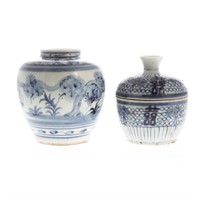 Two pieces oriental blue and white china