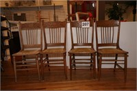 4 oak pressed back chairs / padded seats