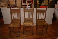 3 oak pressed back chairs / padded seats