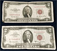 Two Red Seal $2 (Two Dollar) Bills