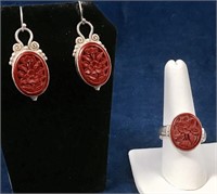 Carved Rose & Sterling Earrings & Ring