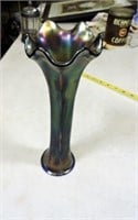 Iridescent over cobalt blue carnival glass vase