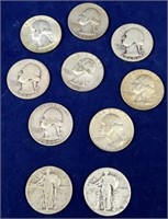 Standing Liberty & Washington Quarters (10) Silver