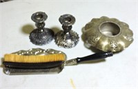 Silver table duster, candle sticks etc