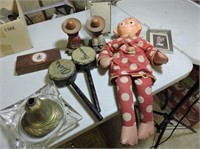 Mister Bemco doll, wood book ends etc