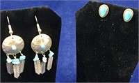 Turquoise & Sterling Silver Earrings, 2 pair