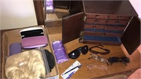 Jewelry box, eyeglasses and hairpiece