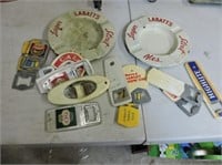 Labatt's enamel ash trays & various openers