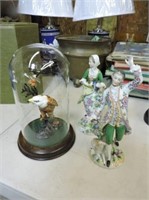 Porcelain dome covered eagle & porcelain figurines