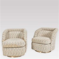 Pair Upholstered Brass Base Swivel Barrel Chairs