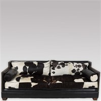 Leather & Cow Skin Sofa w/ Brass Tacking Trim