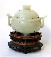 Chinese Covered Jade Censer with Handle on Stand