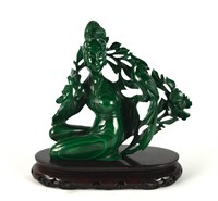 Chinese Malachite Carved Figure w Stand