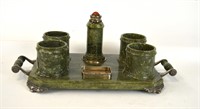 An American Silver & Spinach Jade Smoking Set