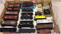 Box of Various HO Train Cars & Extra Wheels &