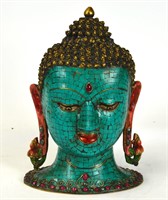 Asian Bronze Buddha Head w. Stone Inlaid