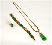 Three Pcs Gold, Jadeite Bracelet Pin Pendant