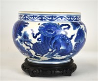 Chinese Blue & White Jar with Wood Stand