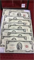 Collection of 10 1953 -Red Seal Two Dollar Bills