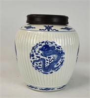 Chinese Blue & White Jar with Wood Cover