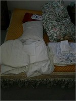 Queen size bed frame with comforter, pillows,