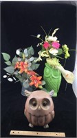 Artificial Flowers and Owl Statue