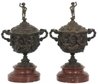 Pr. Relief Bronze Figural Covered Urns