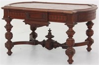 Carved Walnut Marble Top Coffee Table