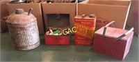 Box of Metal Gas Cans, and Tin Boxes, Match Books