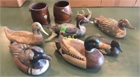Box of Duck Decoys, and Two Wood Pots