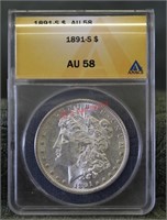1891-S AU58 ANACS Morgan Silver Dollar