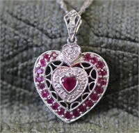 14k White Gold Ruby & Diamond Heart Pendant