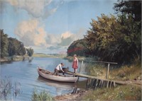 Niels Walseth Boy & Girl on dock Oil on Canvas