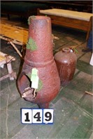 (1) Chiminea, (1) Urn, (3) Wooden Farm Tools