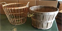 2pc Antique Bushel Baskets, Wire and Wood