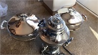 Silver Plate serving pieces, chrome coffee maker