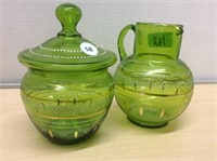 2 Hand Painted Green Glass Dishes