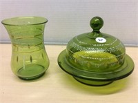 2 Hand Painted Green Glass & Butter Dish