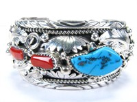 Sterling Navajo Cuff with Turquoise and Coral