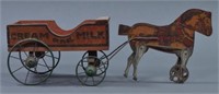 Toy Wood and Tin Milk and Cream Horse Drawn Wagon