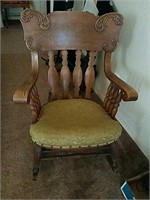 Wooden rocking chair, fabric green seat
